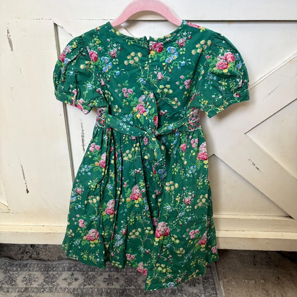 Mini Boden Green Floral Smocked Dress Puff Sleeve Cotton‎ Sz 4-5Y 110cm Heirloom